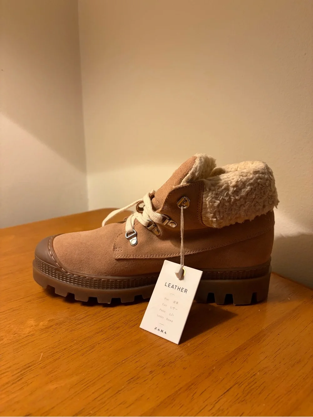Zara Tan Suede Faux-Shearling Ankle Boots